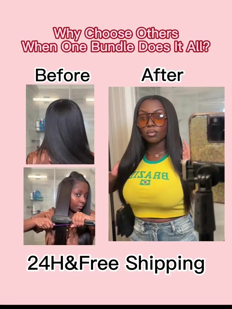CURLSQUEEN Light Yaki Silk Press Clip-In Extension Sets | One Bundle Set For Full Head